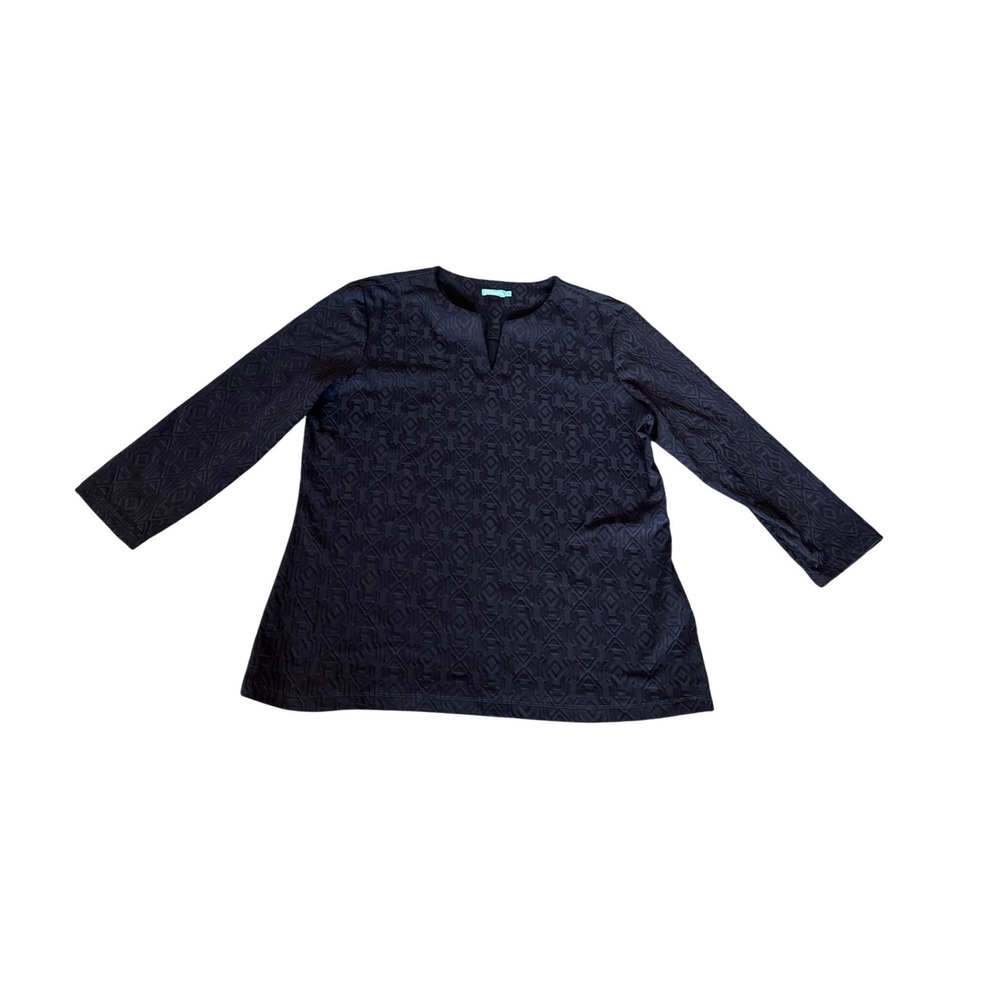 J. McLaughlin Navy Blue Geometric Jacquard Split Neck 3/4 Sleeve Top